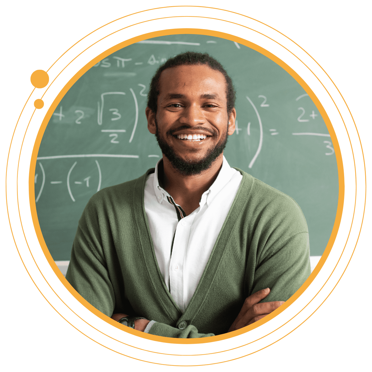 a teacher in front of a chalk board