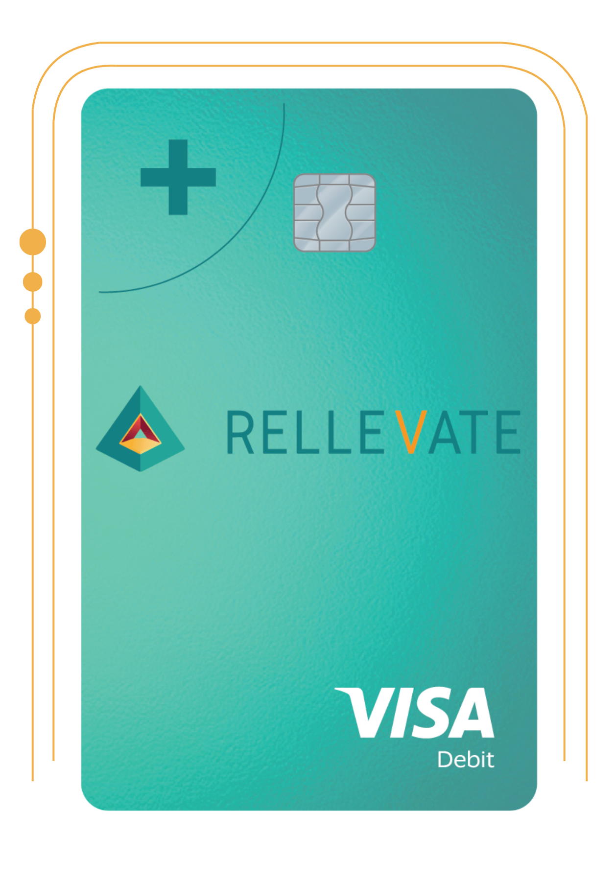 greed debit card with Rellevate logo and a + in the top left corner