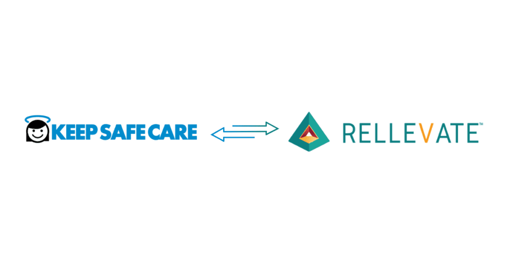 Keep Safe Care and Rellevate logos with two stacked arrows pointing at each logo in between each logo